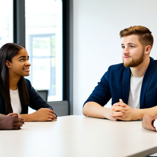 A compassionate male youth counselor, fully clothed in a modest business casual outfit, sits at a modern, clean table, actively listening and providing guidance to a diverse group of young adults. They are engaged in a constructive discussion, fostering an atmosphere of trust and encouragement within a brightly lit, professional youth development center. The background features inspiring artwork and natural light. safe for work, appropriate content, fully clothed, professional, perfect anatomy, correct proportions, natural pose, well-formed hands, proper finger count, natural body proportions, professional photography, high resolution.