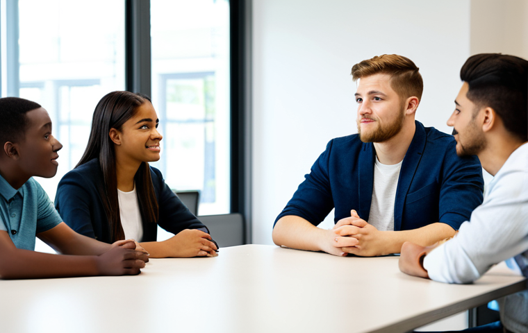 A compassionate male youth counselor, fully clothed in a modest business casual outfit, sits at a modern, clean table, actively listening and providing guidance to a diverse group of young adults. They are engaged in a constructive discussion, fostering an atmosphere of trust and encouragement within a brightly lit, professional youth development center. The background features inspiring artwork and natural light. safe for work, appropriate content, fully clothed, professional, perfect anatomy, correct proportions, natural pose, well-formed hands, proper finger count, natural body proportions, professional photography, high resolution.