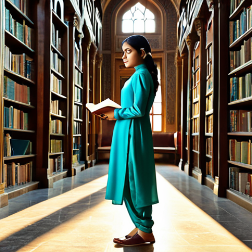 "The Journey Within"**

A young woman in modest, professional attire stands at the edge of a sprawling library filled with ancient Urdu manuscripts. Light streams in from a high window, illuminating dust motes dancing in the air. She holds an open book, a thoughtful expression on her face. The scene is bathed in warm, inviting colors.

Prompt: "A young woman fully clothed in a professional shalwar kameez, standing in a grand library filled with Urdu books, bathed in sunlight, thoughtful expression, safe for work, appropriate content, perfect anatomy, natural proportions, family-friendly, high quality, detailed background."

**