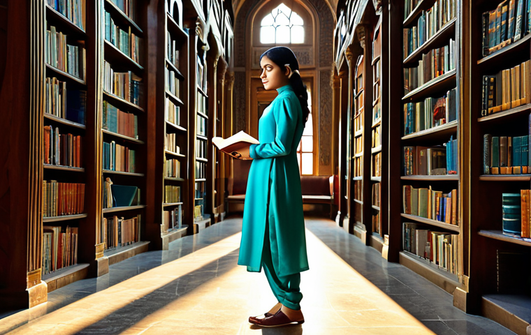 "The Journey Within"**

A young woman in modest, professional attire stands at the edge of a sprawling library filled with ancient Urdu manuscripts. Light streams in from a high window, illuminating dust motes dancing in the air. She holds an open book, a thoughtful expression on her face. The scene is bathed in warm, inviting colors.

Prompt: "A young woman fully clothed in a professional shalwar kameez, standing in a grand library filled with Urdu books, bathed in sunlight, thoughtful expression, safe for work, appropriate content, perfect anatomy, natural proportions, family-friendly, high quality, detailed background."

**
