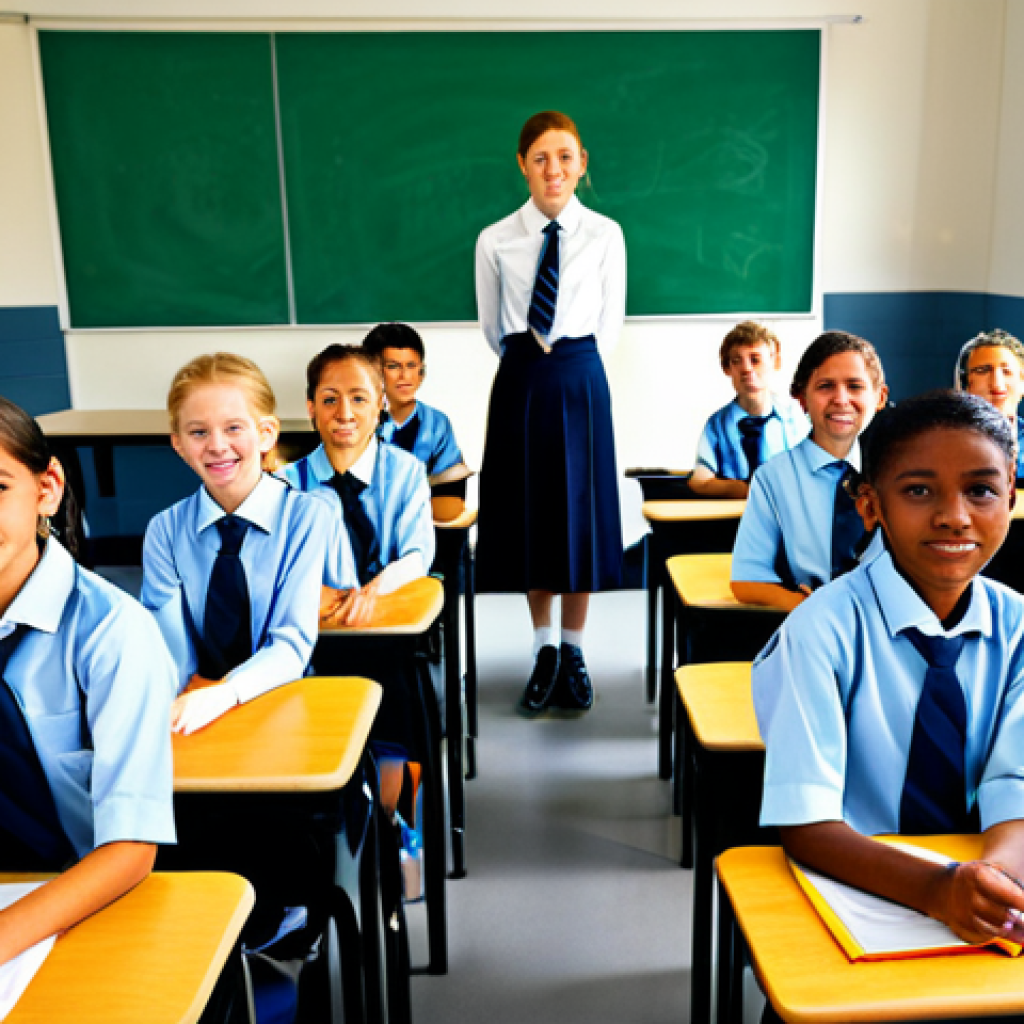 **Subject:** A group of fully clothed students in a modern classroom setting. **Clothing:** Modest school uniforms, appropriate for a learning environment. **Environment:** Bright, well-lit classroom with desks, computers, and educational posters. **Modifiers:** Safe for work, appropriate content, family-friendly, perfect anatomy, natural proportions, high-resolution, professional educational photography.