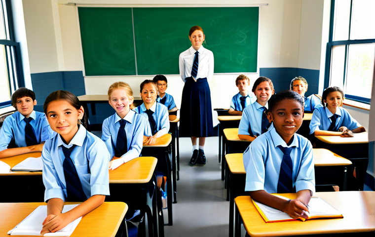 **Subject:** A group of fully clothed students in a modern classroom setting. **Clothing:** Modest school uniforms, appropriate for a learning environment. **Environment:** Bright, well-lit classroom with desks, computers, and educational posters. **Modifiers:** Safe for work, appropriate content, family-friendly, perfect anatomy, natural proportions, high-resolution, professional educational photography.